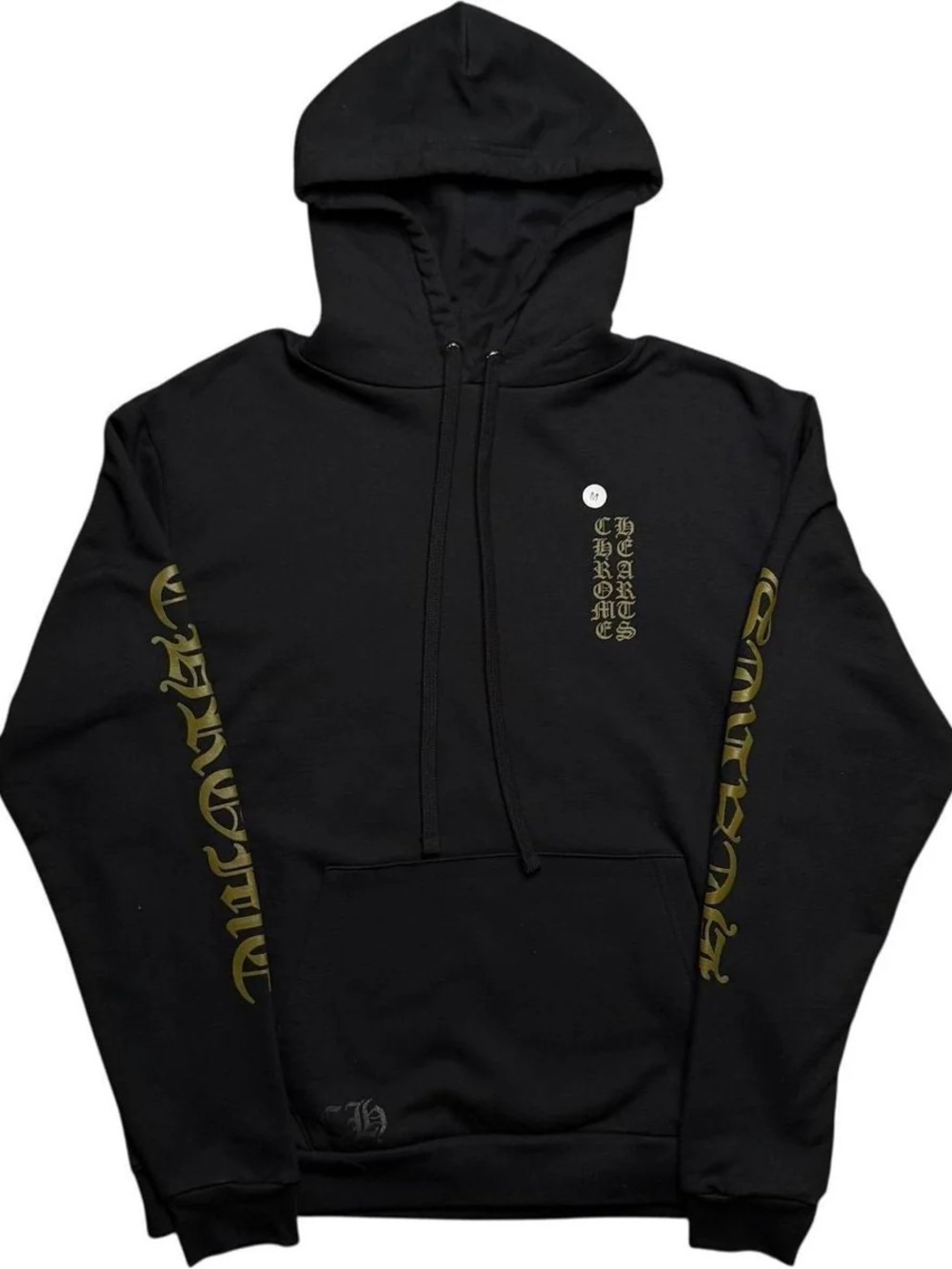 Chrome Hearts Black Hoodie with Gold Script Sleeve and Chest Accents